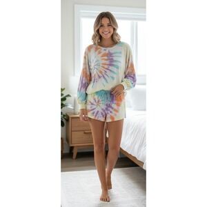 Anthropologie Maronie Long Sleeve Tie Dye Crop Top & Short Cotton Size L